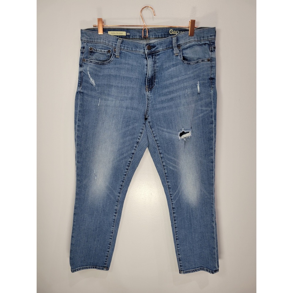 Gap 1969 Girlfriend Jeans 33r‎ Medium Wash Distressed Relaxed Tapered Denim